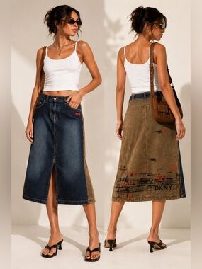 Y2K DKNY Denim Faux Suede Midi Skirt Statement Archive Style Sz XS